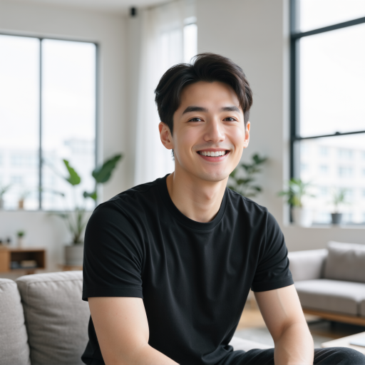 二十五岁左右男性头像，穿黑色T恤，白色背景，正面微笑，年轻专业形象